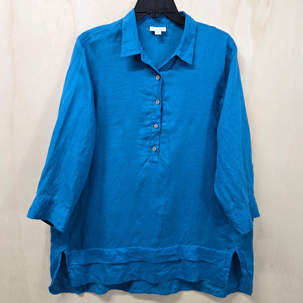 J. Jill 100% Linen Teal Blue Collared Tunic Top 3/4 Sleeve Size M